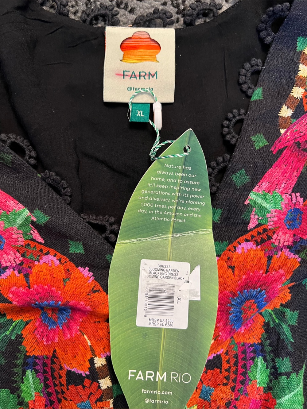 FARM Rio Blooming Gardens Black Maxi Kaftan Dress with Floral Print XL - Picture 9 of 16
